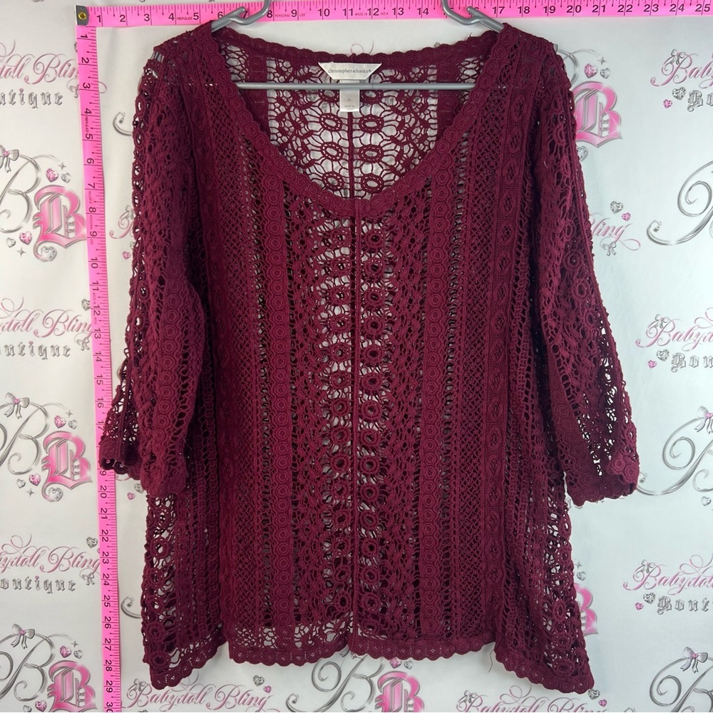 Christopher & Banks shirt long sleeve Open-Knit V-Neck Blouse in Burgundy